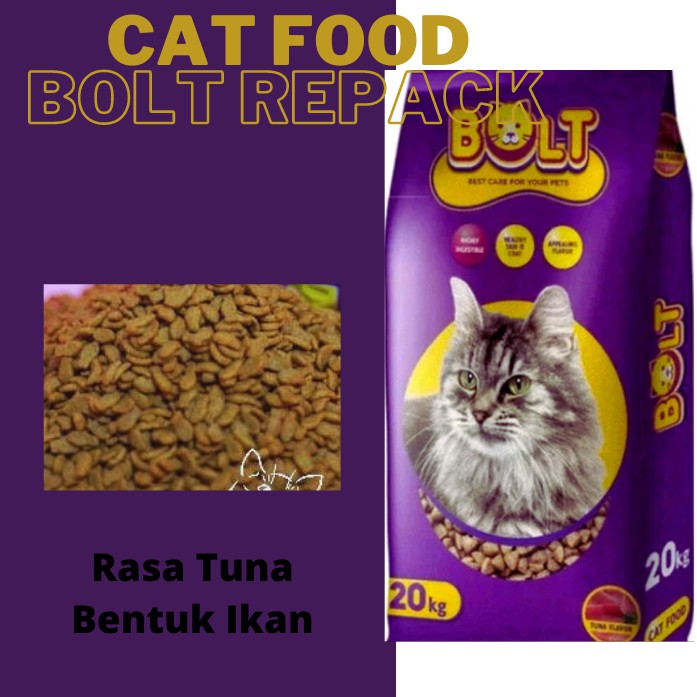 BOLT Makanan Kucing Repack Dry Cat Food Murah Kemasan KG rasa Tuna Salmon original PROMO ungu kuning