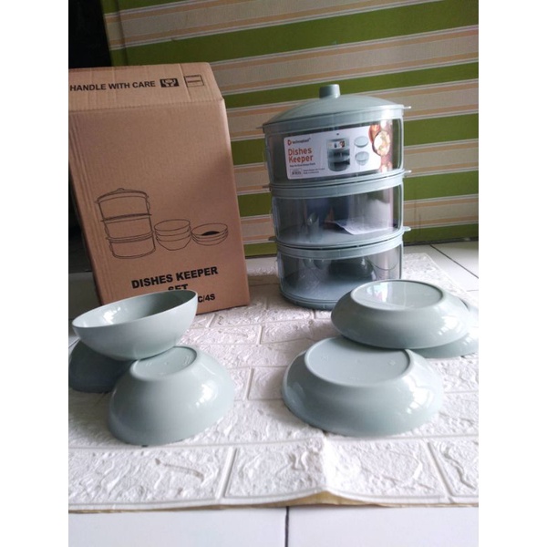 TUDUNG SAJI 3 SUSUN BONUS MANGKUK DAN PIRING KEKINIAN MODERN AMAN DARI DEBU DAN LALAT