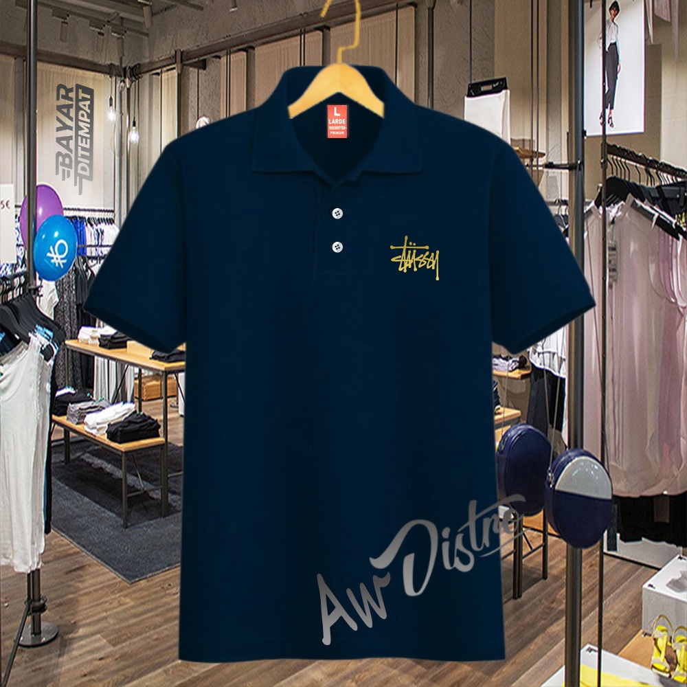 COD Baju Distro Polo Kerah Stussy Logo Gold Premium Quality Atasan Pria Wanita Promo Termurah