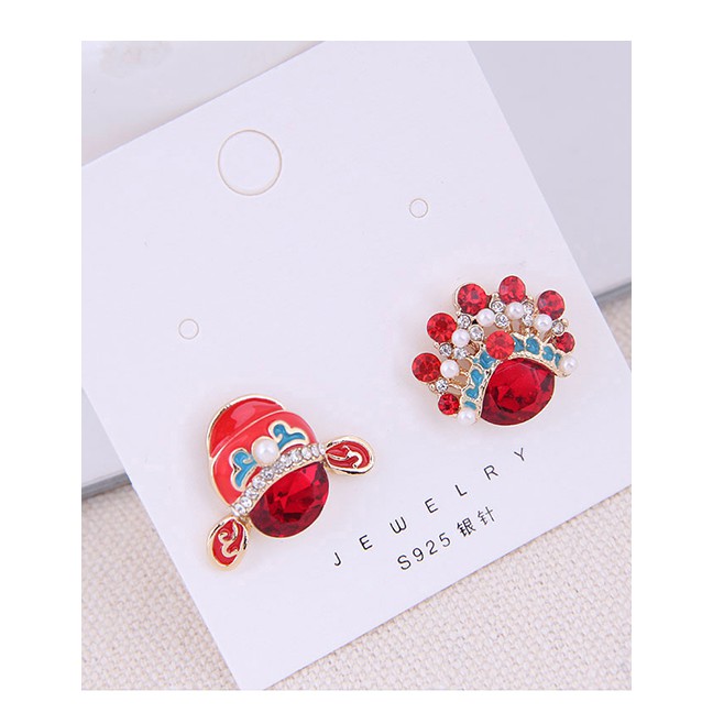 LRC Anting Tusuk Fashion Red 925 Silver Needle Flower Asymmetrical Earrings A59875