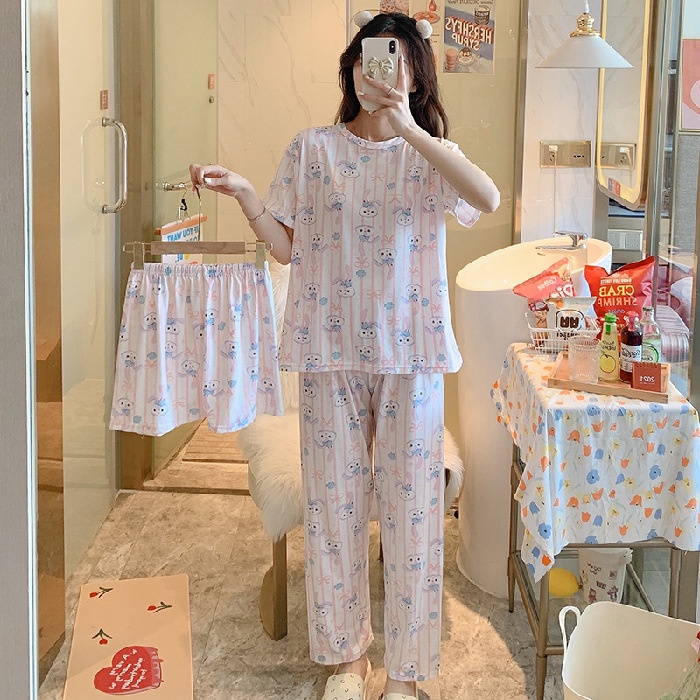 Baru set Baju Tidur Wanita Dewasa Oversize Piyama Bahan Kaos Celana Panjang & Pendek Setelan Baju Tidur 3IN1 Setelan Piyama-many rabbit