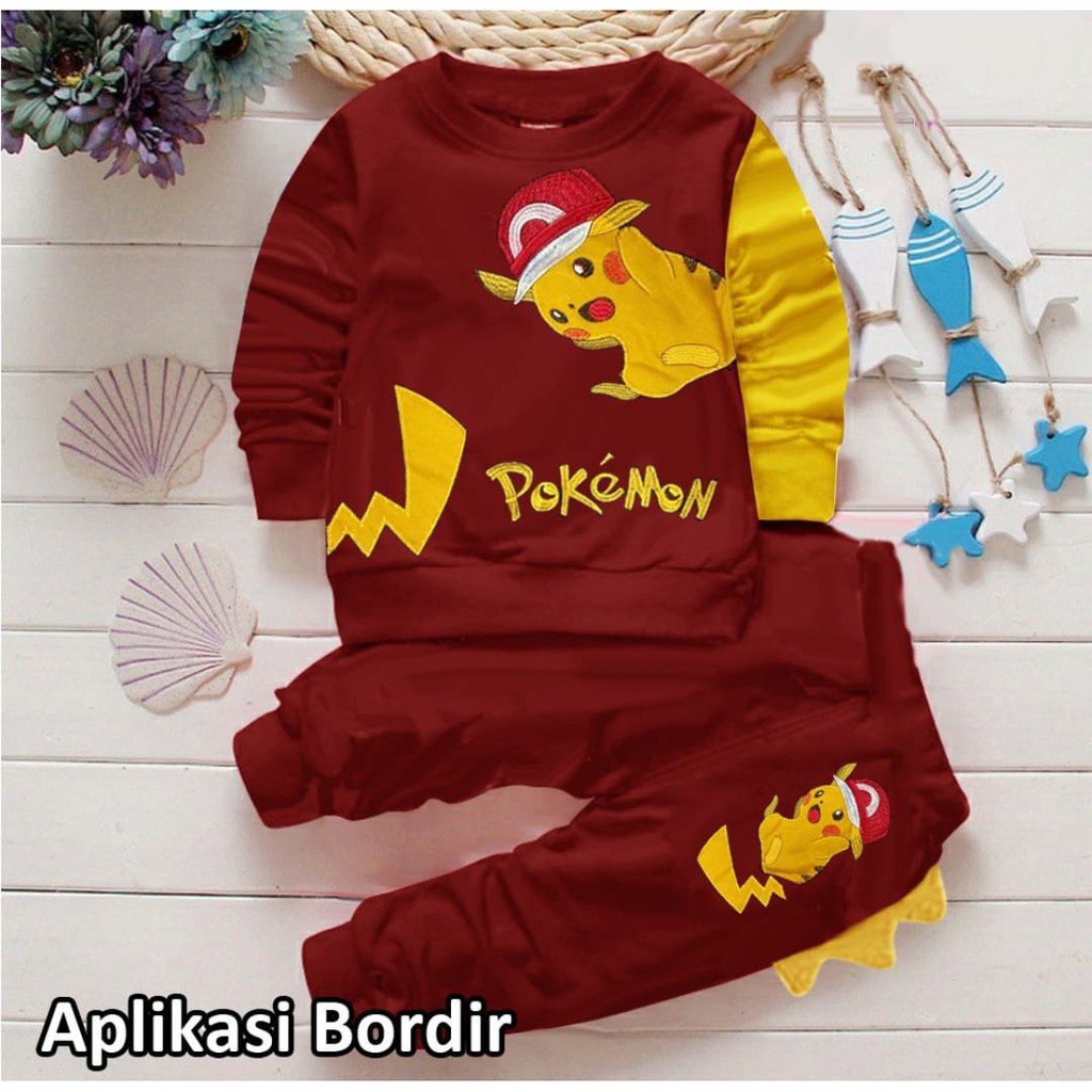 Setelan sweater joger motif pokemon Baju anak pokemon 1-6 Tahun Pakaian anak unisex