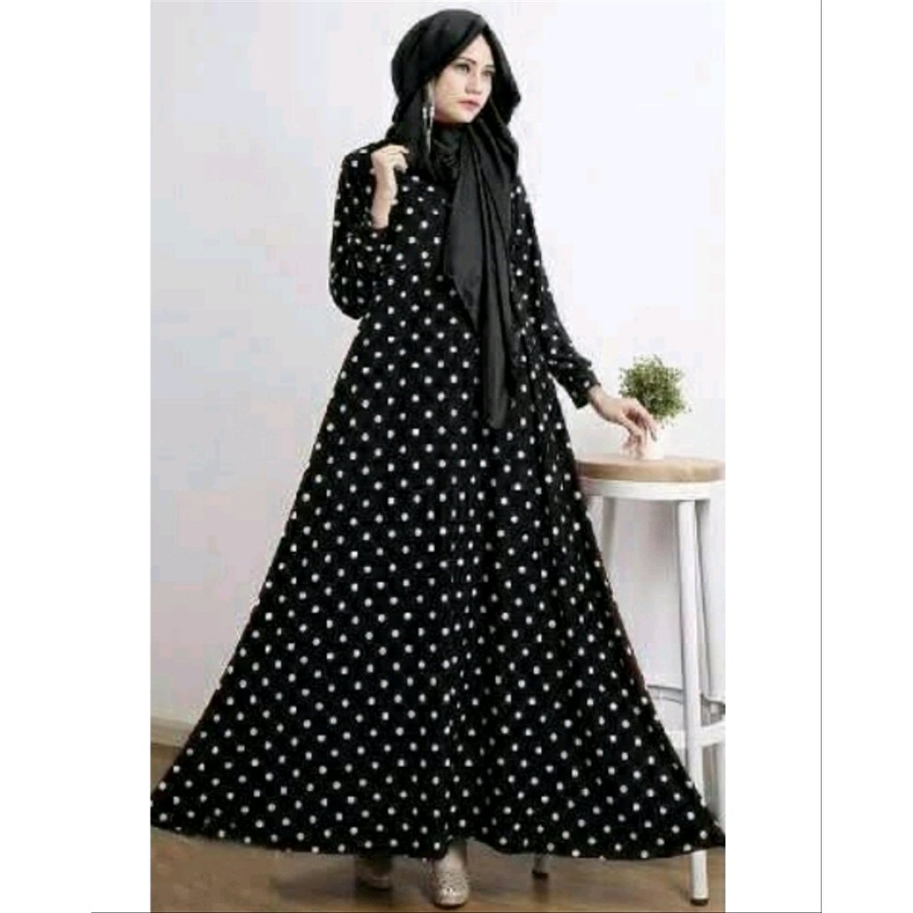 Dijual gamis katun jepang ori motif polkadot black Murah