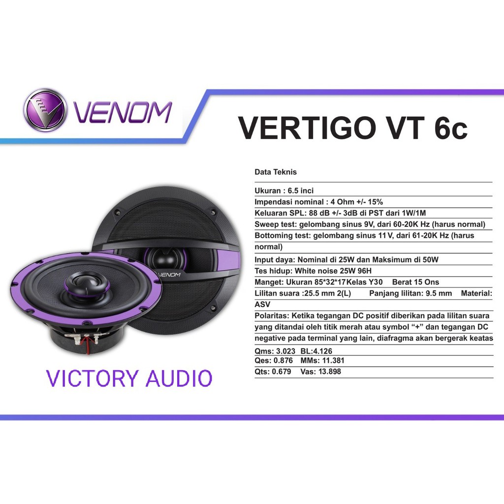Speaker Coaxial Audio Mobil Venom Vertigo VT 6C 6.5 Inch Mid Bass Built in Tweeter VT6C 6.5 Inci Ori