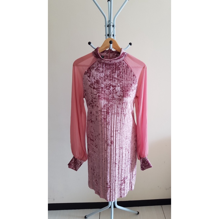 Dress Import Pesta Party Murah Bludru Kilat Plisket Nuo Yan Lengan Panjang Premium F044