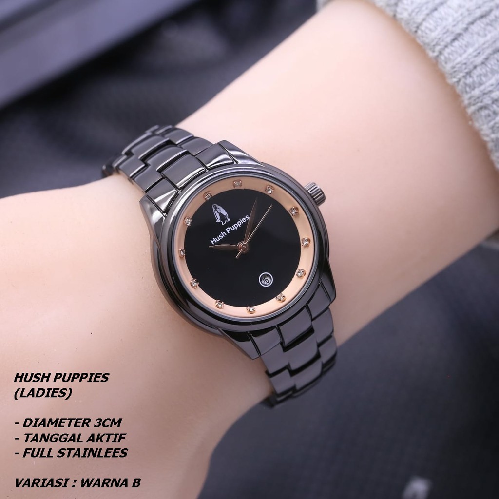 ( BISA COD ) JAM TANGAN WANITA HUSH PUPPIES RANTAI BODY BULAT TANGGAL AKTIF