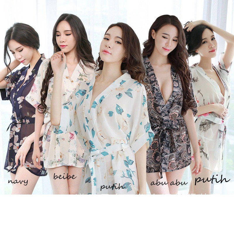 kimono WanitaSet Lingerie Sexy G String Baju tidur Bahan sifon dicetak A187-2