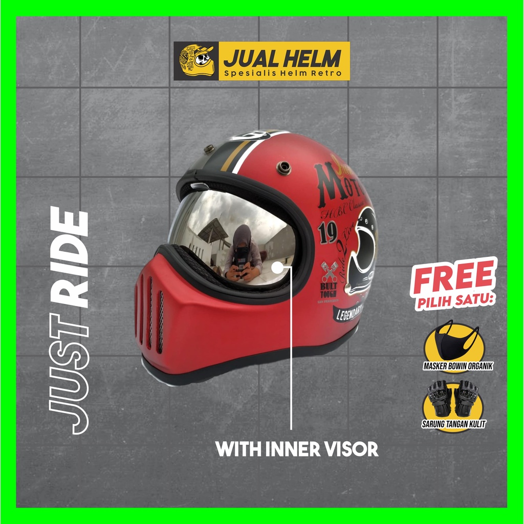 Helm Cakil HBC Just Ride Maroon + Inner Visor ( Fullface / Retro / Klasik / Vespa )