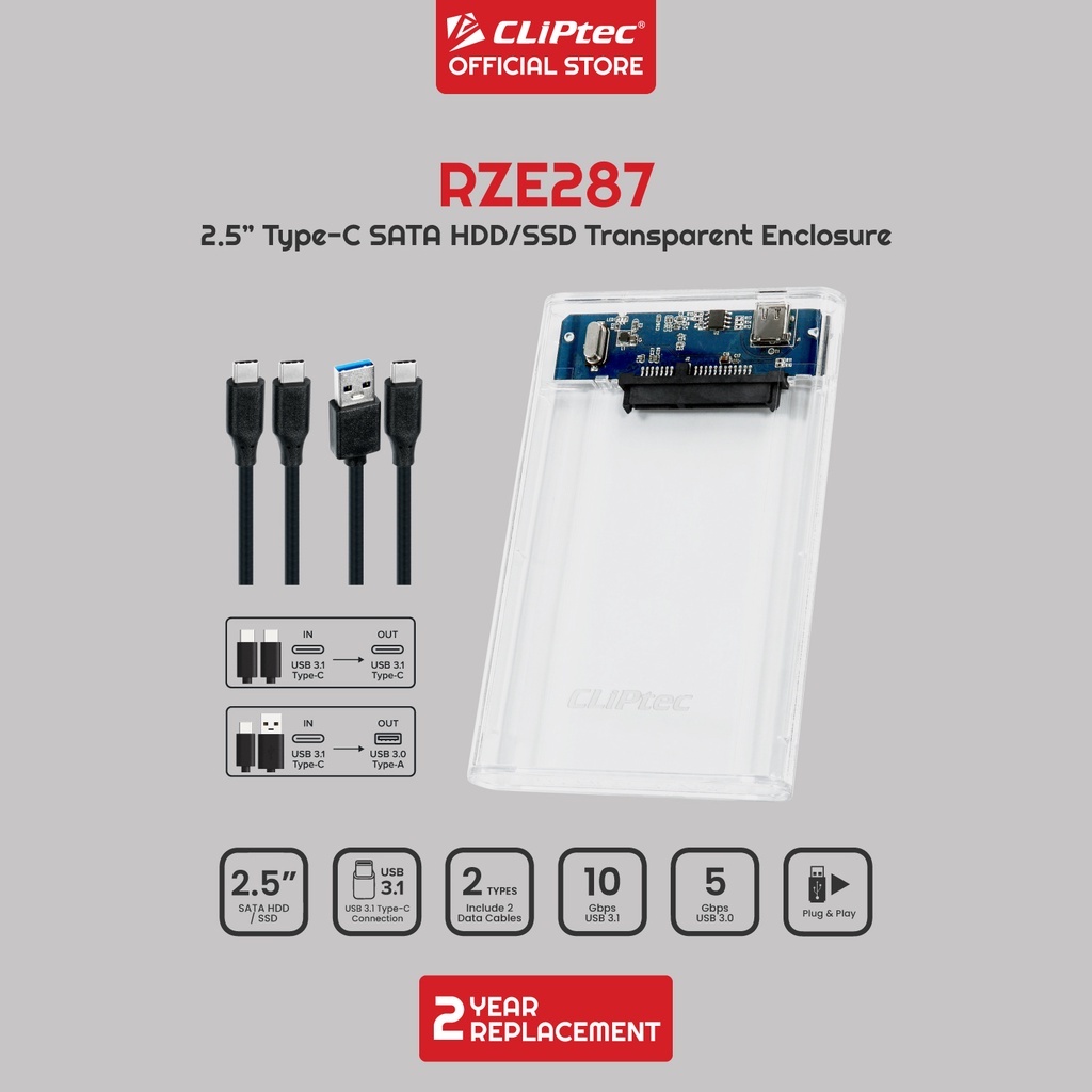 Cliptec Case Enclosure HDD/SSD 2.5 Inch SATA Type-C USB 3.0 Transparent  RZE287