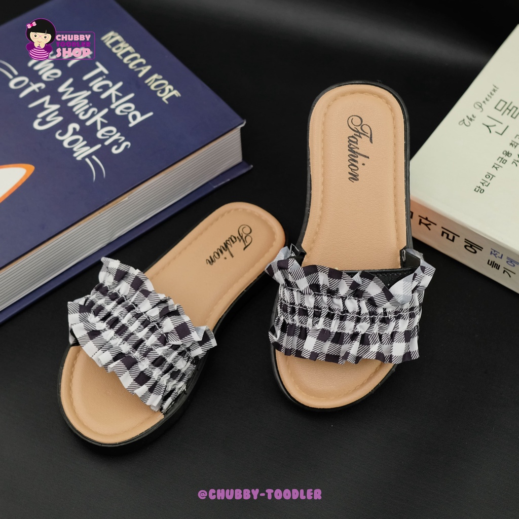 littlekiddoss SH2233 Sandal Anak Perempuan Import Sendal Anak Cewek Kotak-Kotak Renda Size 24-35