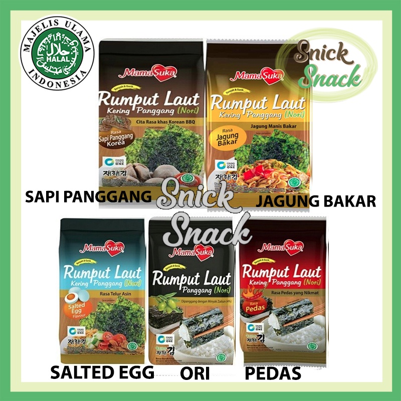 

Mama Suka Rumput Laut Panggang 4,5 gr Nori Halal MUI Original Salted Egg Jagung Sapi BBQ Pedas