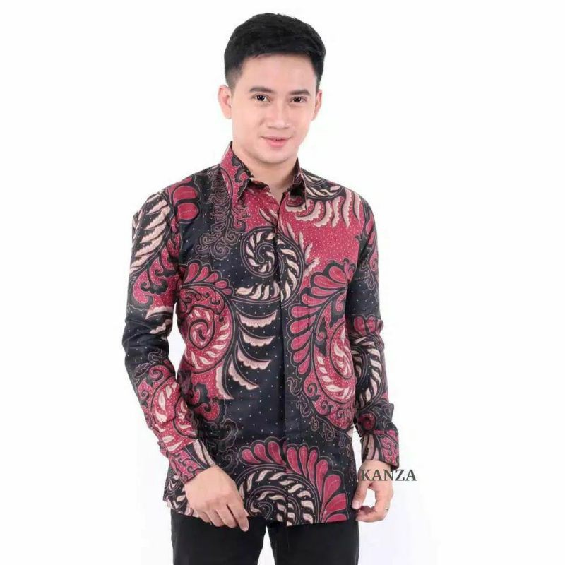 KEMEJA PRIA LENGAN PANJANG MOTIF KERANG MERAH