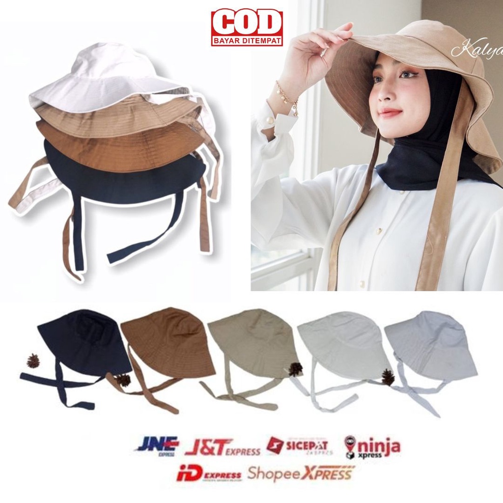Topi Wide Bucket Hat Pantai Polos Tali Bahan Drill Ala Selebgram