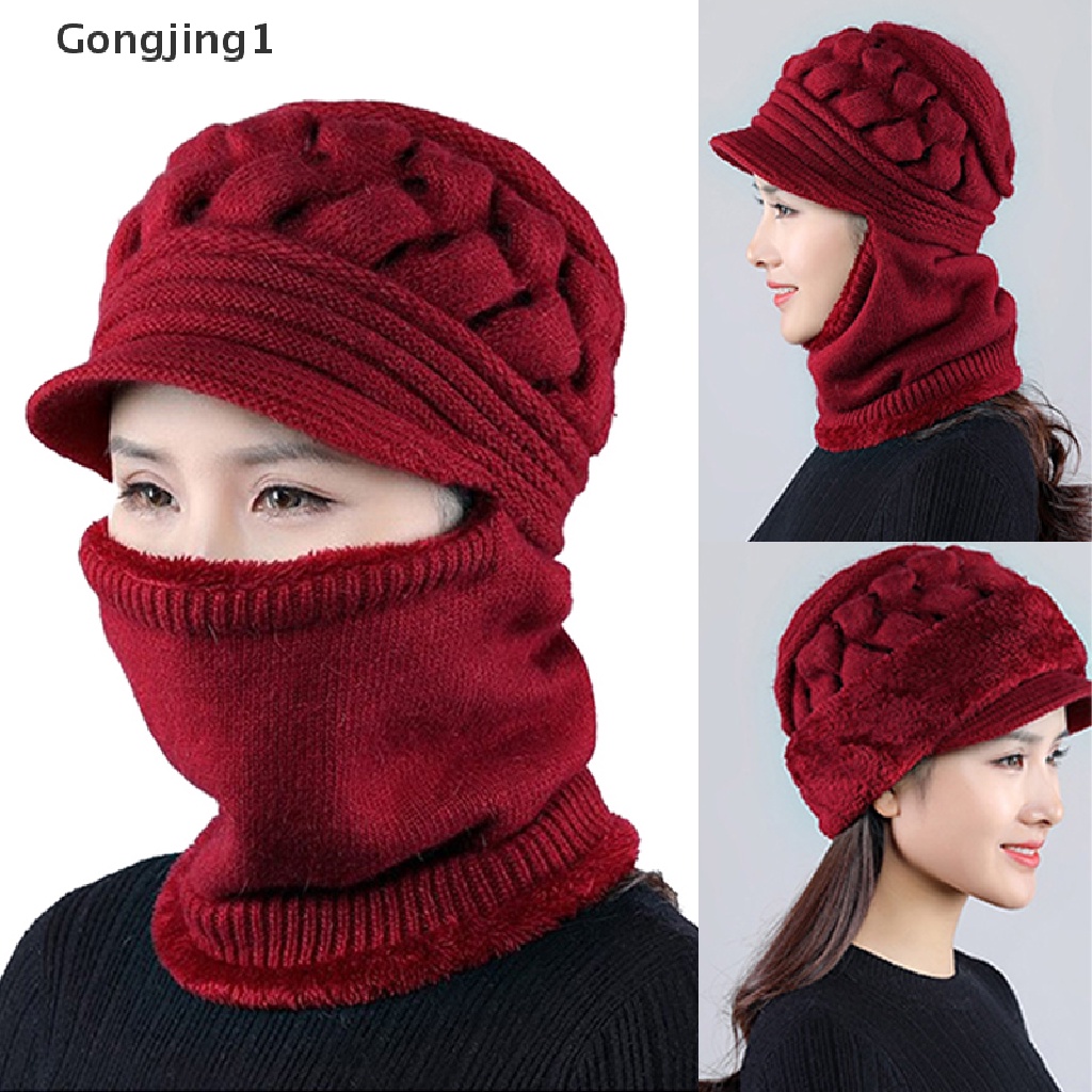 Gongjing1 Topi Kupluk + Syal Rajut Tebal Hangat Anti Angin Untuk Wanita / Musim Dingin / Bersepeda