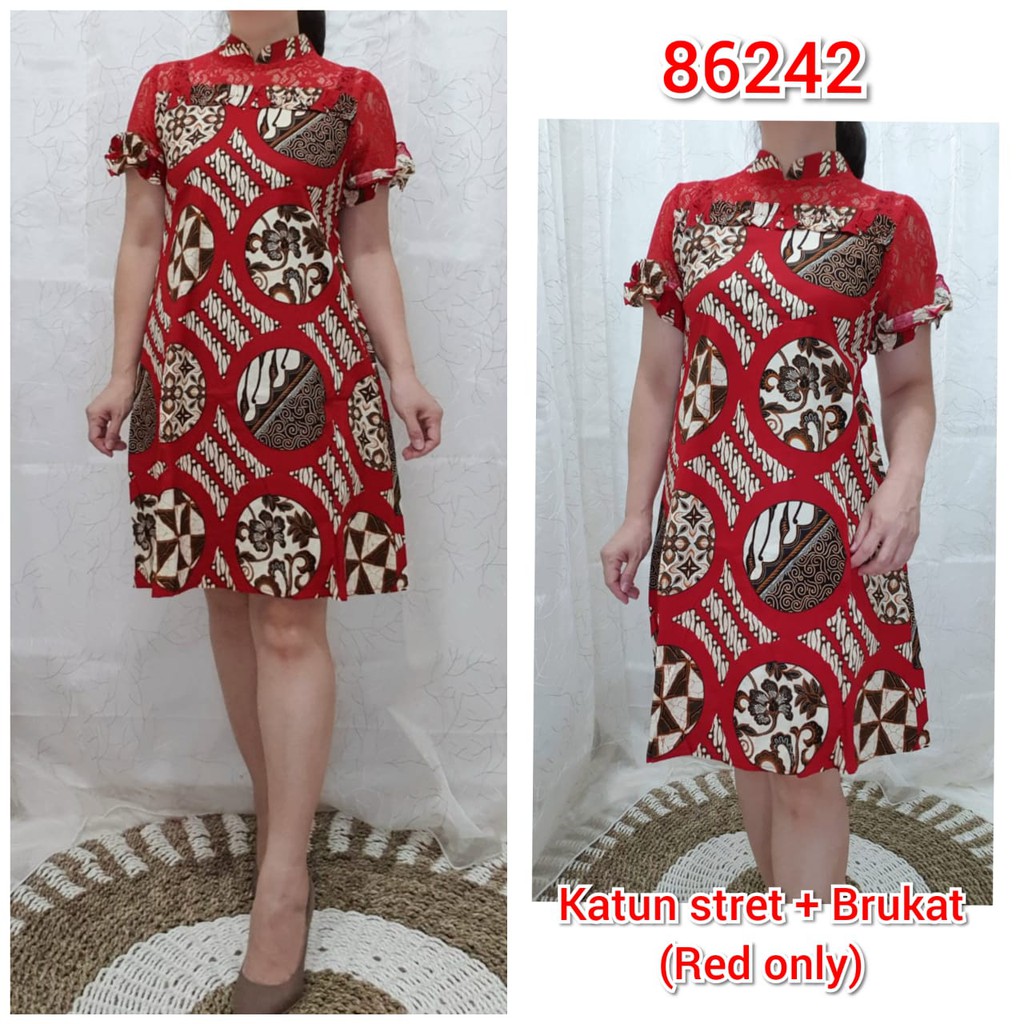 TOTOTAshop.Dress wanita dewasa GISEL 86242,Bahan cotton stretch motif batik kombi brukat,Real pict.