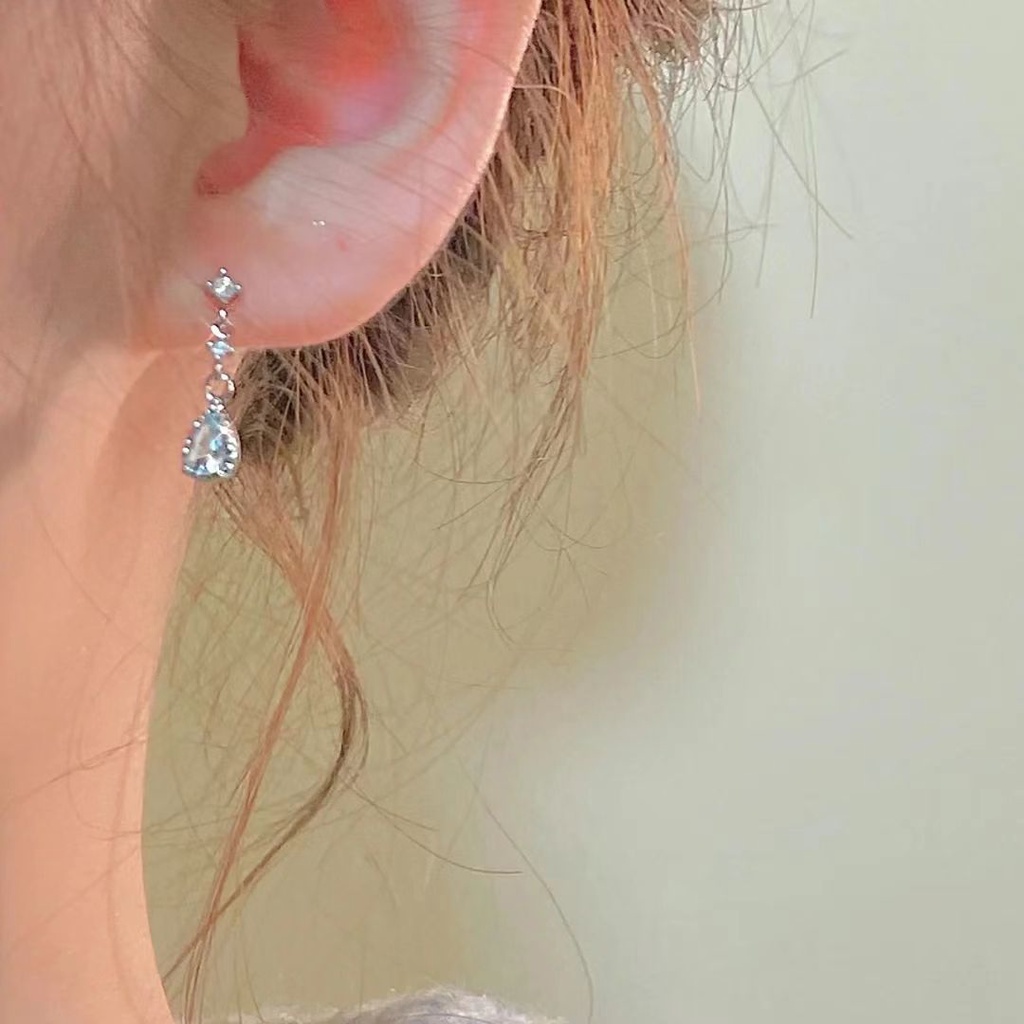 Anting Tusuk Gantung Bahan Sterling Silver 925 Hias Zircon Aquamarine Gaya Koreaelegan Untuk Wanita