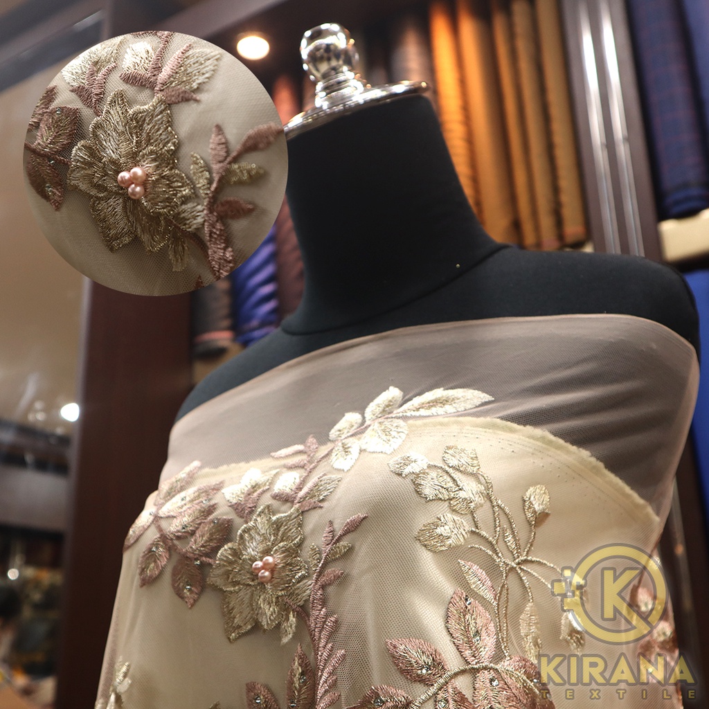 Kain tile tule tille bordir bunga 3d/ kain tile bordir mutiara /kain tile brokat kebaya dress gaun g