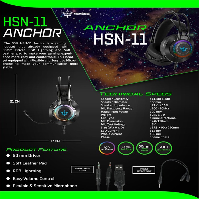 Headset NYK Nemesis RGB HSN 11 Anchor (audio 3.5 + USB)