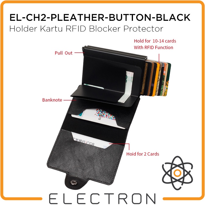EL-CH2-PLEATHER-BUTTON-BLACK Card Holder Kartu RFID Blocker Protector