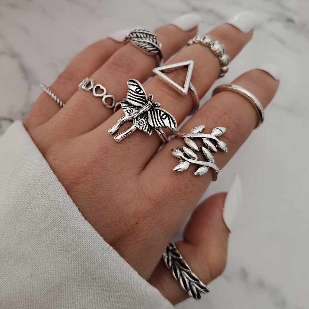 9 Pcs / Set Cincin Desain Kupu-Kupu Daun Hati Segitiga Besar Warna Silver Gaya Bohemia
