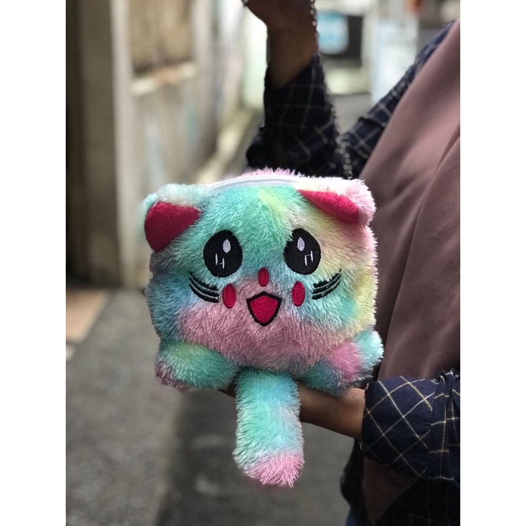 Tas Selempang Boneka Kucing pikachu Tali Rantai Bahan Bulu Tas Hp Korea