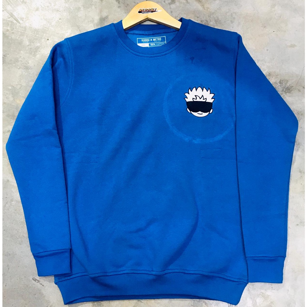 Crewneck Gojo Face Chibi Embroidery Blue Anime Manga Jujutsu Kaisen Premium Unisex