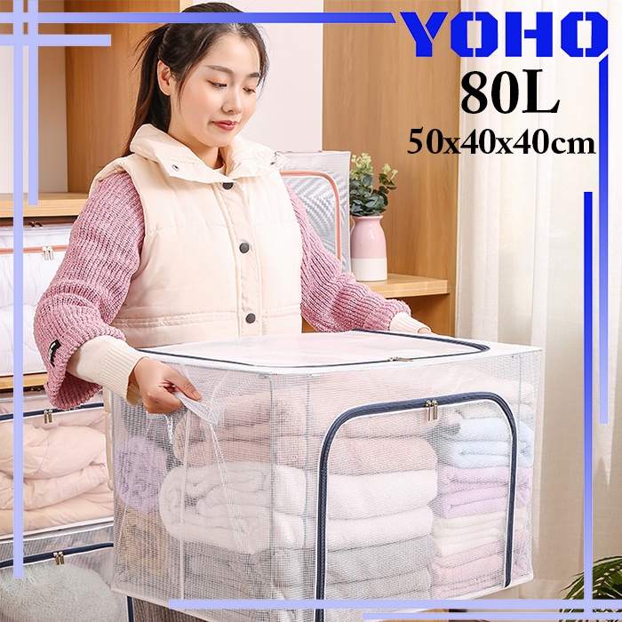 Multifungsi Storage Box Transparan Foldable Frame Baja Kotak Baju-80L