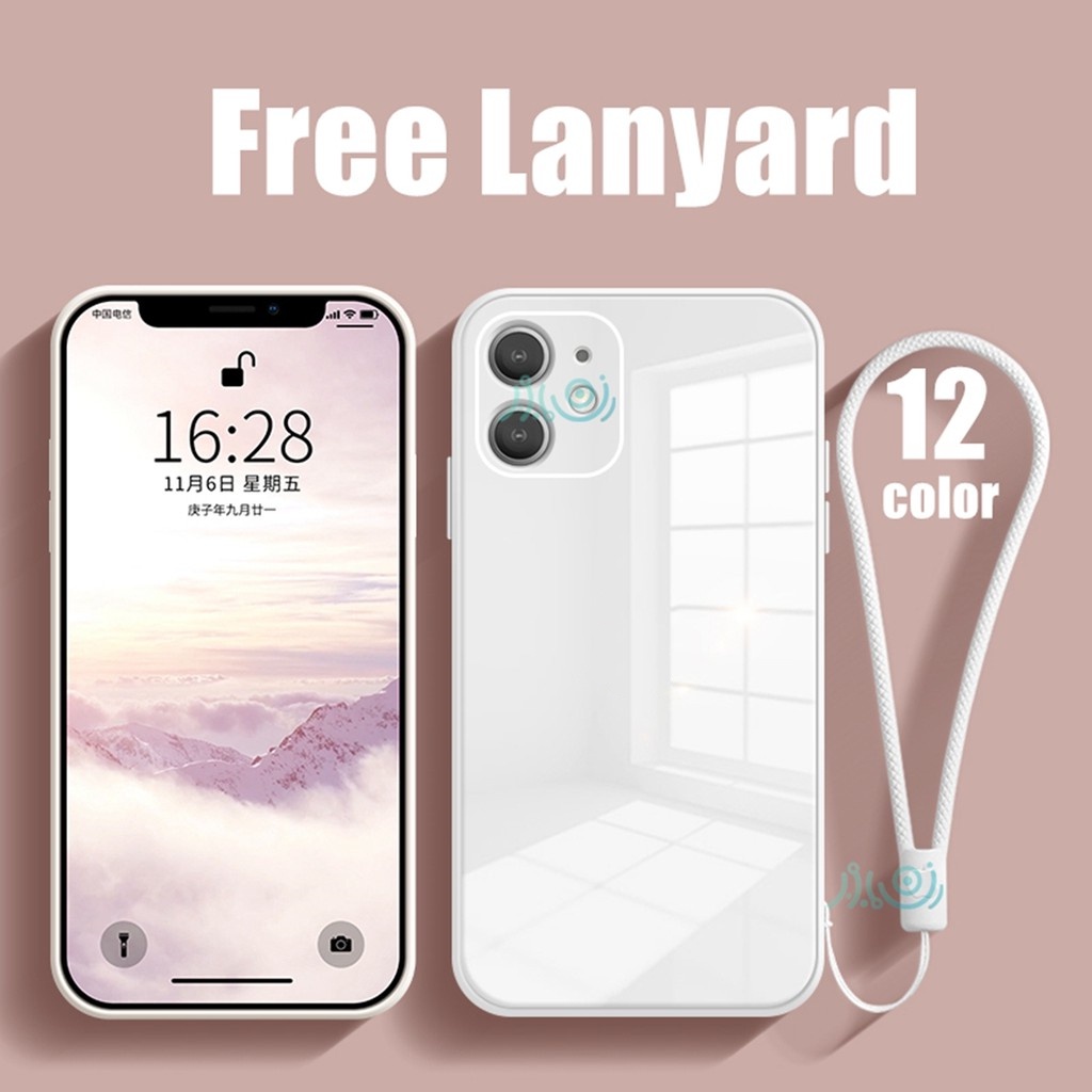 【Free Lanyard】Macaron Casing iPhone 13 pro max 11 12 Pro MAX XS MAX XR X Tempered Glass Case Square Silicone back cover