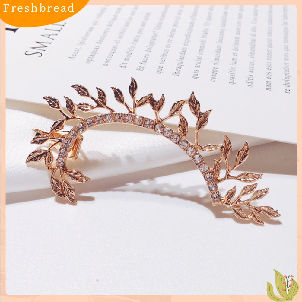 Fresh| 1pc Anting Klip On Vintage Desain Daun Hias Full Berlian Imitasi Untuk Wanita