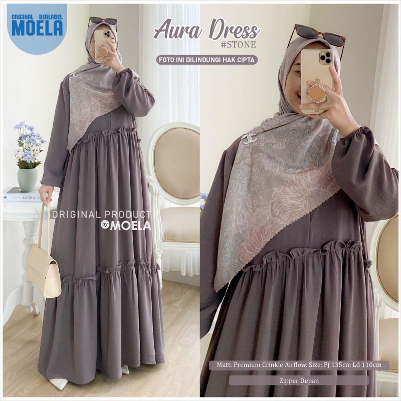 Aura Hane Dress Gamis Jumbo Polos Allsize Busui Premium Crinkle Airflow Original Ori Moela Berlabel-Aura stone