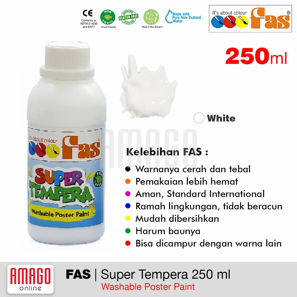 FAS - SUPER TEMPERA WASHABLE POSTER PAINT - 250 ml - WHITE