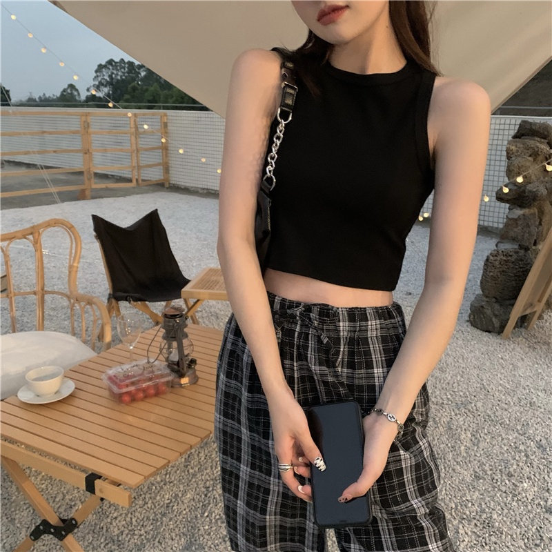 Korean Style Rompi rajut wanita kotak kotak  Pakaian Wanita Rompi wanita Crop top/V-neck tanpa lengan kasual crop top knit/outer rompi panjang wanita/Rompi rajut