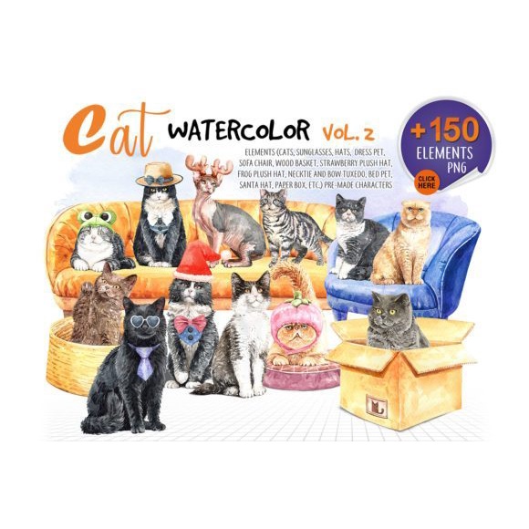 Cats Watercolor Vol 2 Pet Clipart - Vector Designs