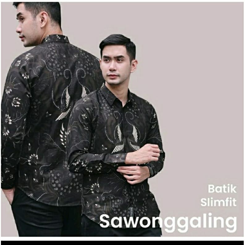 MAHKOTA SOGAN kemeja batik pria SLIMFIT lengan panjang lapis furing - batik pria lengan panjang premium FULL Furing jumbo modern anak muda  hitam abu abu