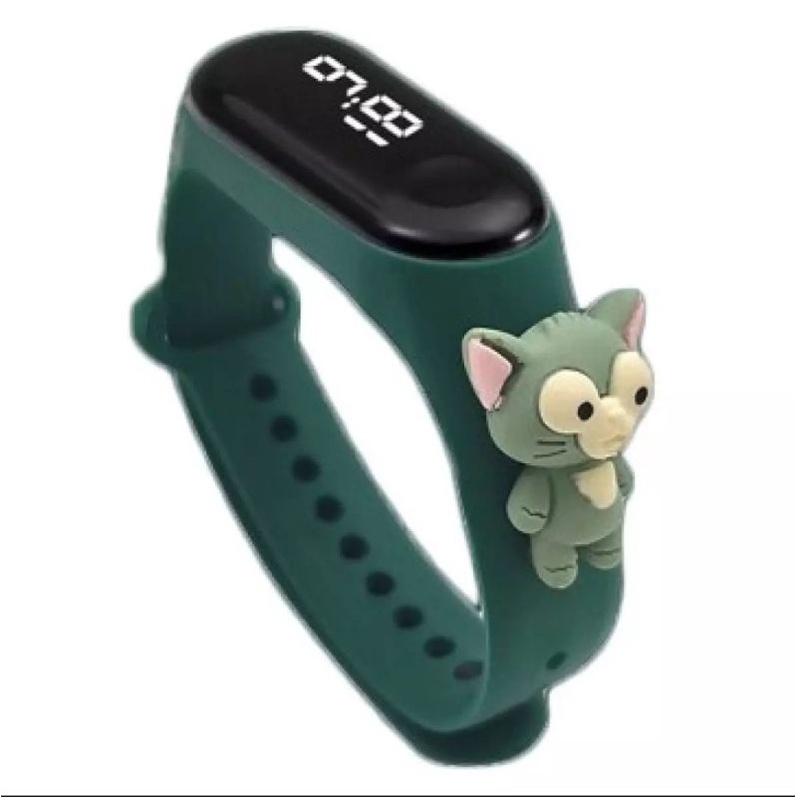 Jam tangan anak LED Display TAHAN AIR  elektronik arloji motif karakter kartun bahan rubber silikon-Green cat