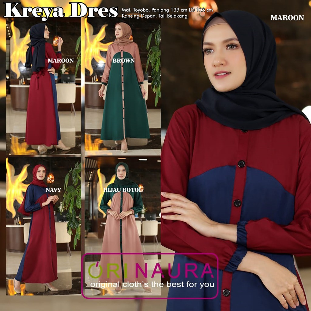 KREYA DRESS ORI NAURA GAMIS WANITA PANJANG POLOS KATUN TOYOBO PREMIUM JUMBO BUSUI LONGDRESS SIMPLE