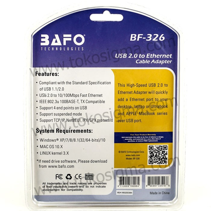 BAFO BF-326 USB 2.0 to LAN ETHERNET CABLE ADAPTER