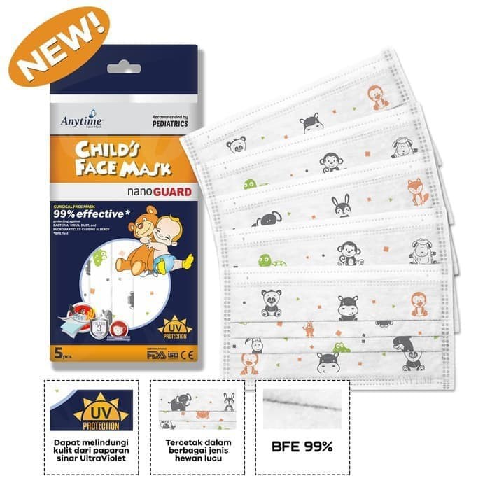 Anytime Childs Face Mask Nano Guard Isi 5pcs BFE 99% / Masker Medis Anak Sekali Pakai