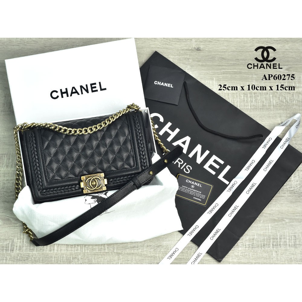 Supplier Tas Branded Tas Chanel Boy Classic Caviar Braid Around Medium HITAM Semprem AP60275