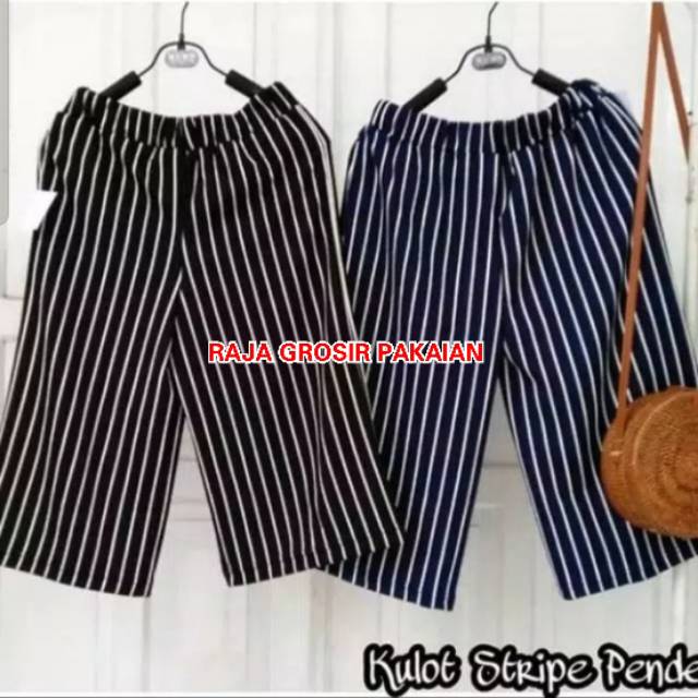 Celana Kulot Pendek 7/8 Dewasa Motif Salur Kalem Bahan Waffle/Crepe