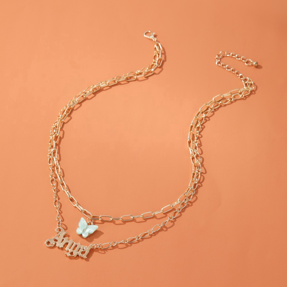 Kalung Kupu-kupu Akrilik Ganda Mode Inggris Alphabet Pendant Klavikula Rantai 2020 Aksesoris Pribadi Wanita Baru