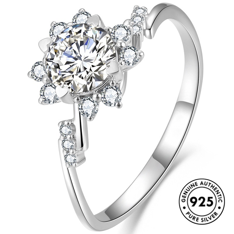 Cincin Desain Bunga Aksen Berlian Bahan S925 Silver Untuk Wanita