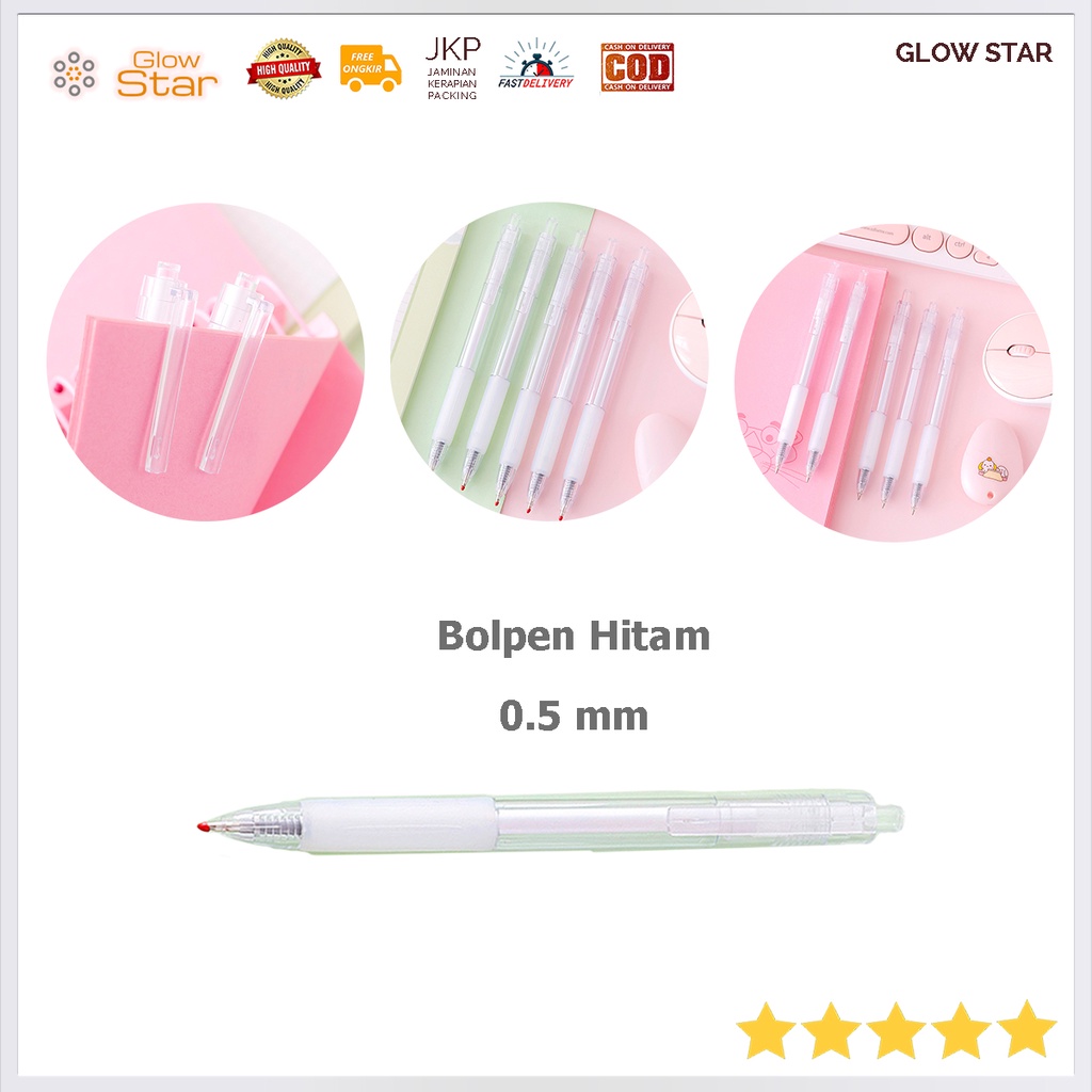 Pulpen Alat Tulis Bolpen 0.5 mm Warna Hitam desain simple elegan Cover putih bantalan Sekolah Pencetan Tekan Polos