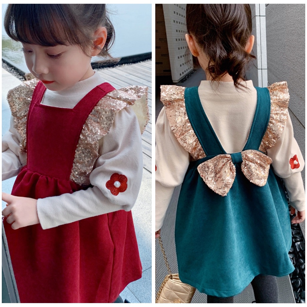 DR146-Dress Overall Anak Perempuan Gliter Pita Love Sleeve