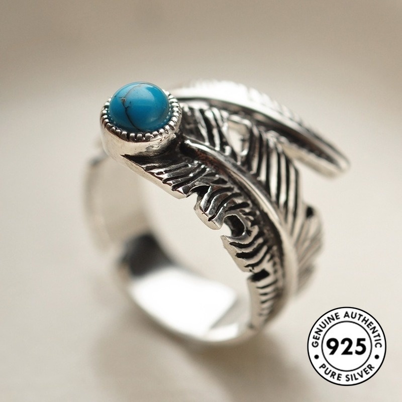 Cincin Lapis Silver 925 Model Bulu Gaya Vintage Dengan Turquoise Untuk Wanita