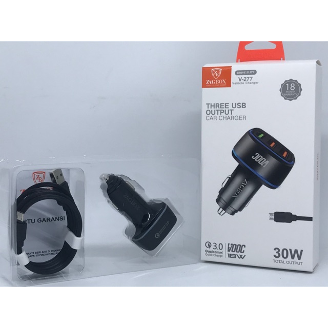 CHARGER MOBIL ZAGBOX V277 CAR SAWER QUALCOM QC.3,0 V00C 18W 3USB