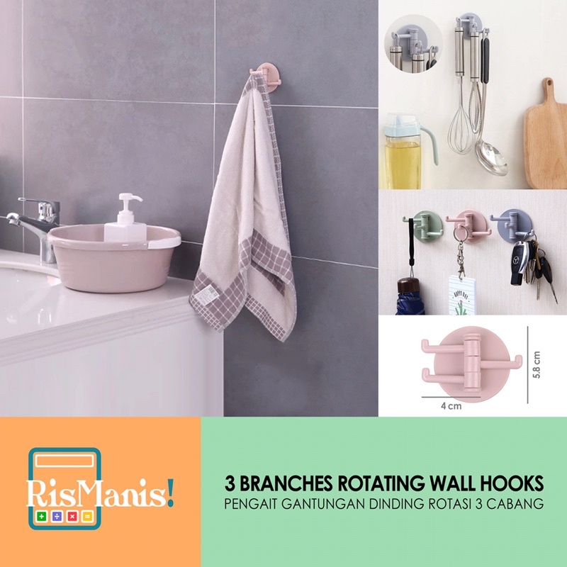 3 BRANCHES ROTATING WALL HOOKS - Pengait Cantolan Gantungan Tempel Dinding Serbaguna Rotasi 3 Cabang