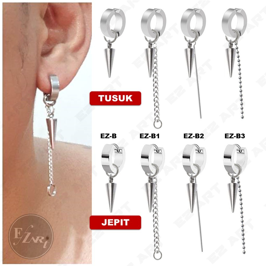 1Pc Model EZ-B Silver Anting Jepit Tusuk Variasi Bandul Gaya Punk Korea KPOP Stainless Steel Premium