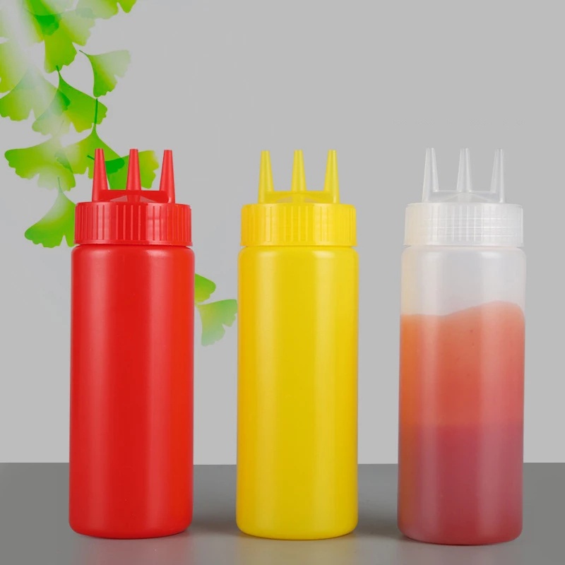 [PE Three-hole Squeeze Sauce Bottle Mustard Bottle] [Food Grade Plastic Squeeze Bottle, Condiment Dispenser] [Sauce Vinegar Ketchup Container] [Kitchen Seasoning Bottle]