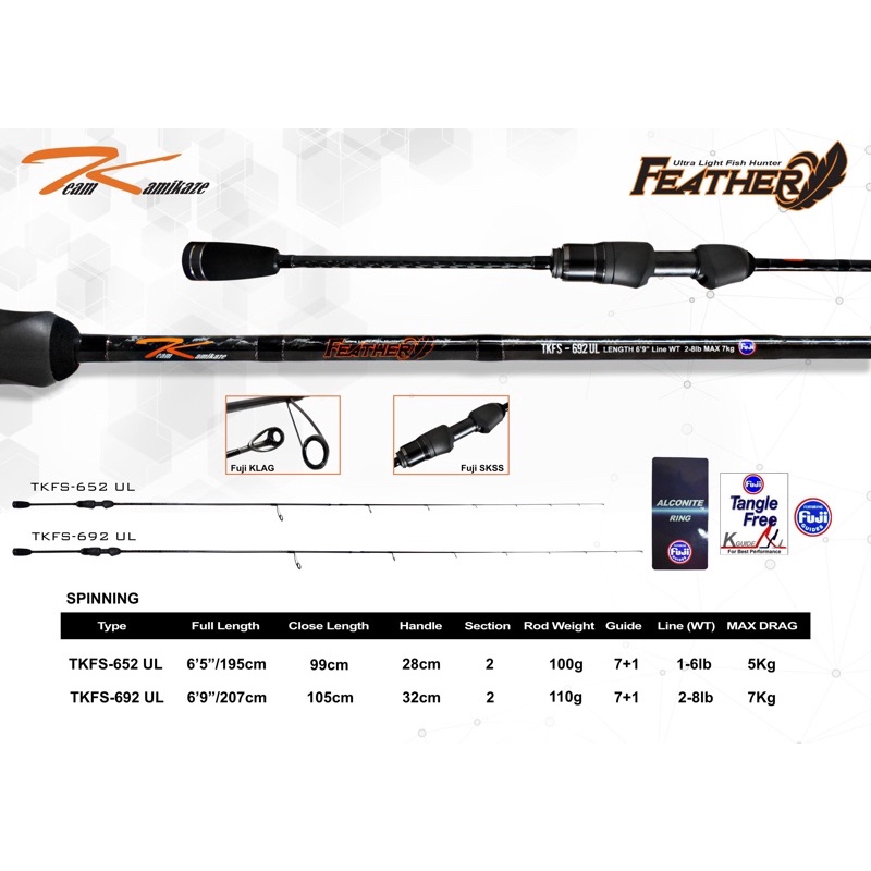 Team Kamikaze FEATHER Spinning UL Finesse Premium Rod - Fuji SIC Joran Ultra Light Terbaik Ringan